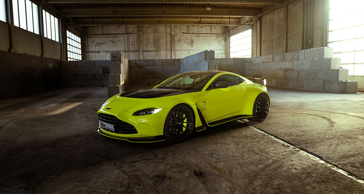 The Aston Martin Vantage V12 front view – a sportier look thanks to our KW height adjustable springs which allow a continuous lowering