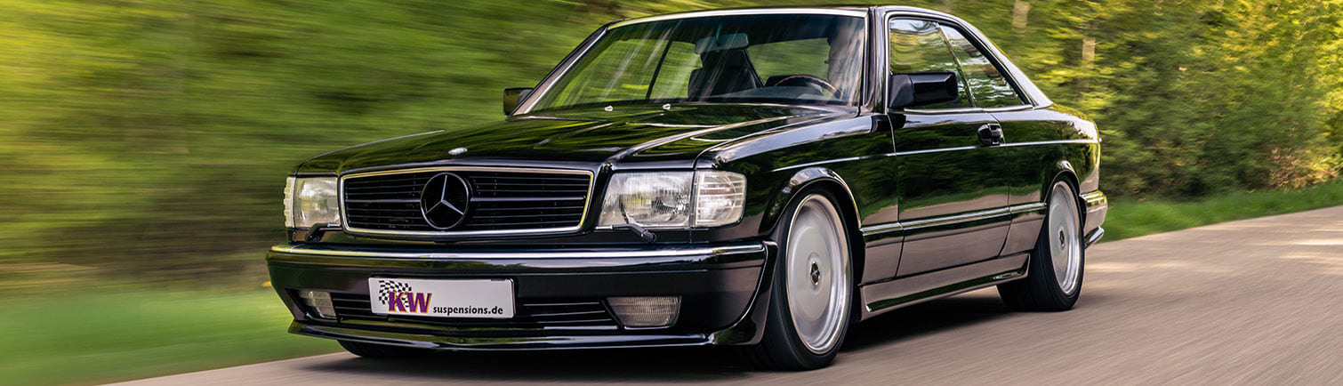 The KW V3 classic coilover suspension is available for all Mercedes-Benz SEC (C126) inclusive Series 1 (380 SEC, 500 SEC) and Series 2 (420 SEC, 500 SEC, 560 SEC)