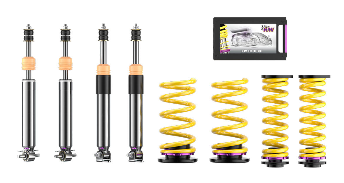 The KW scope of delivery features four shocks made of stainless steel, four suspension springs and four height-adjustable spring perches
