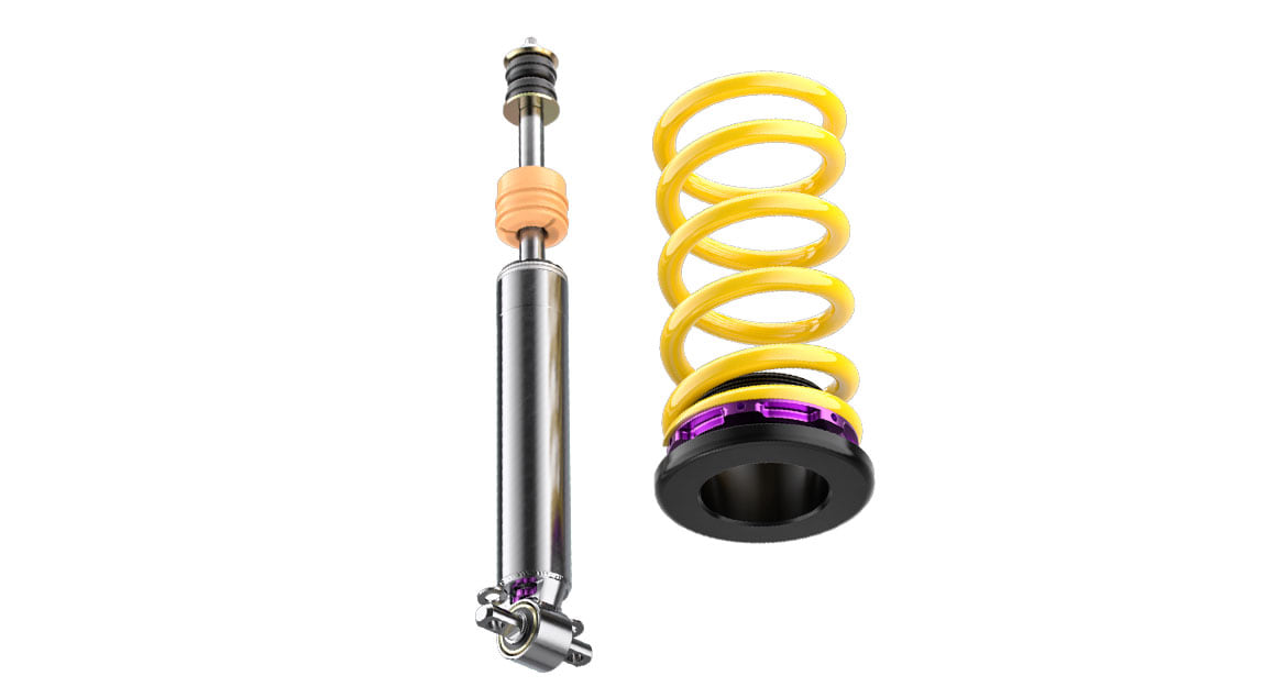 The optional BMW M sports suspension with air suspension system stays aboard when retrofitting the KW DDC plug & play coilovers in the BMW i4 eDrive40 Gran Coupé. 