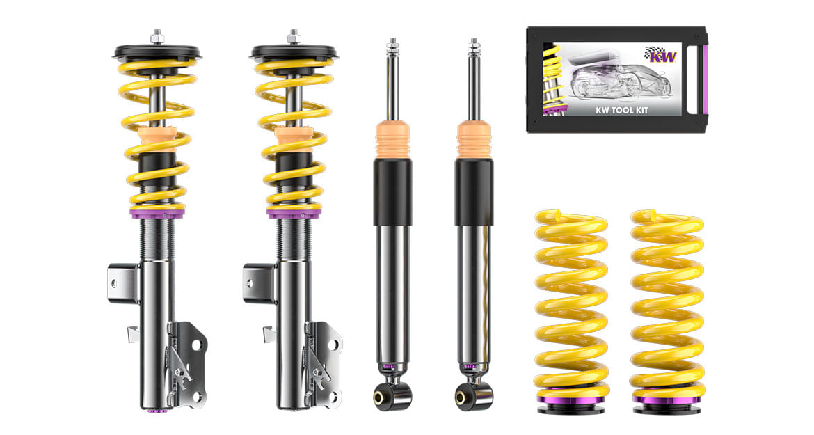 In the KW V3 coilover suspension for the Ford Mustang Mach-E, the struts and damper housings are made of stainless steel.
