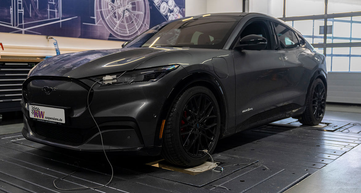Suspension manufacturer KW automotive uses its in-house vehicle dynamics test bench (7-post) to develop the KW V3 coilover suspension system for the Ford Mustang Mach-E.