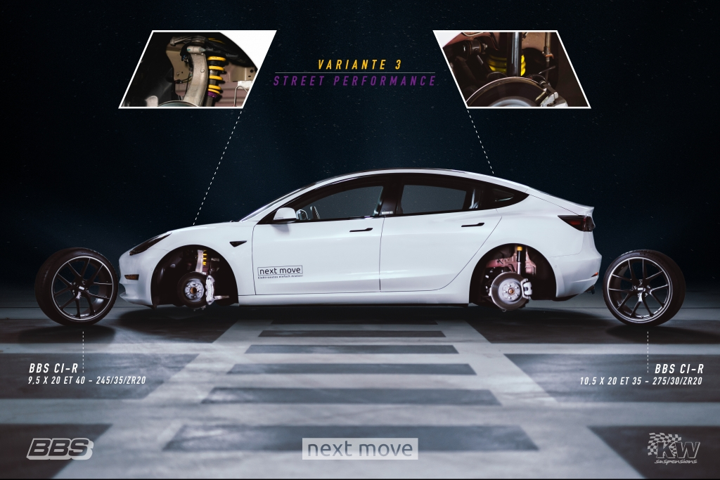 Nextmove rüstet Tesla Model 3 Fahrzeuge mit KW Fahrwerken aus.