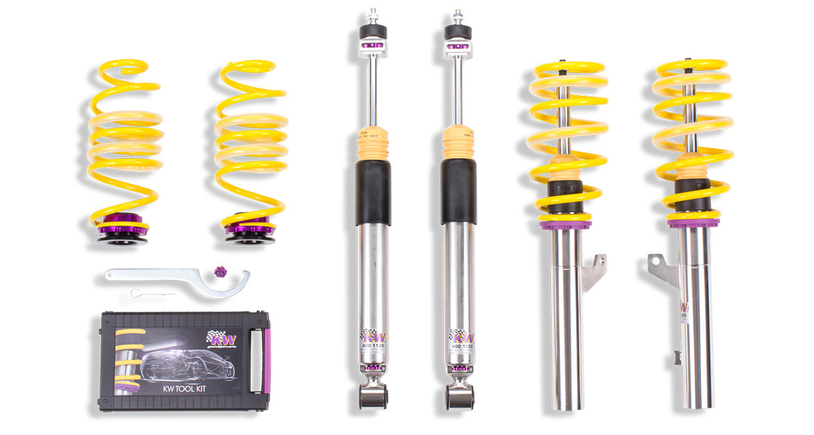 All three coilover kits are made of stainless steel struts in Germany. The KW Variant 3 even features stainless steel rear damper housings.