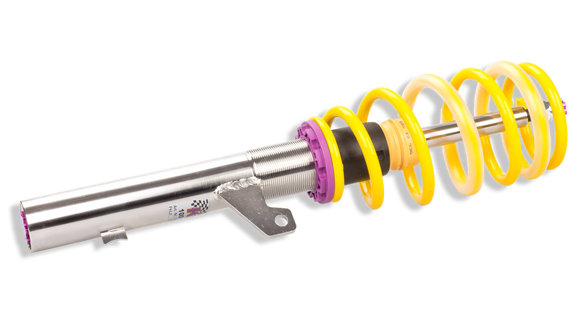 While the stepless lowering range on the front axle is adjusted on the stainless-steel struts via the trapezoidal thread and the spring perch, the lowering on the rear axle is adjusted via a so-called height adjustment perch.